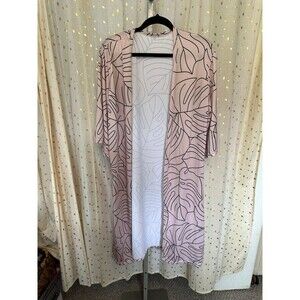 Hawaiian Tropical Monstera Leaves Line Art Lagenlook Duster Open Cardigan L